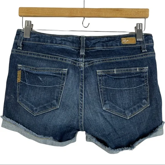 Paige Jimmy Jimmy Shorts Dark Wash Low Rise Raw Cuffed Hem Pre Faded & Feathered - Picture 5 of 11